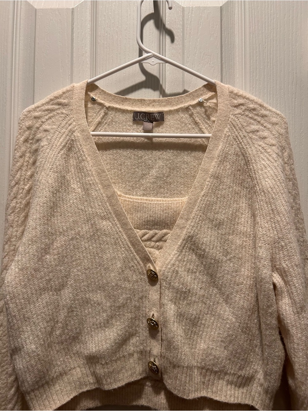 J. Crew Cream Cable-Detail Button Cardigan with matching tank top sweater